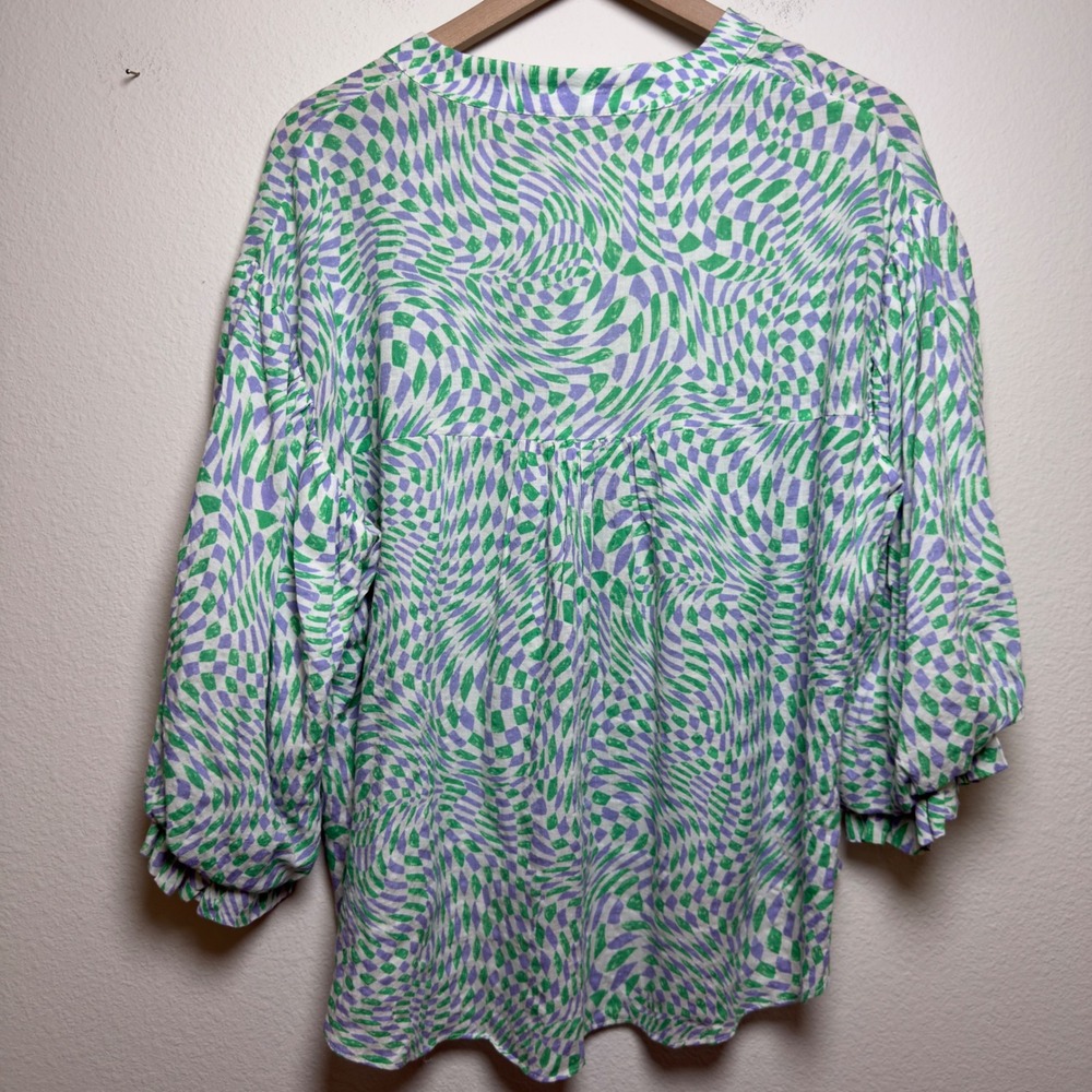 Karlie Women Cotton Too Small Green Geometric Balloon Sleeve Cottage Preppy - Picture 7 of 8